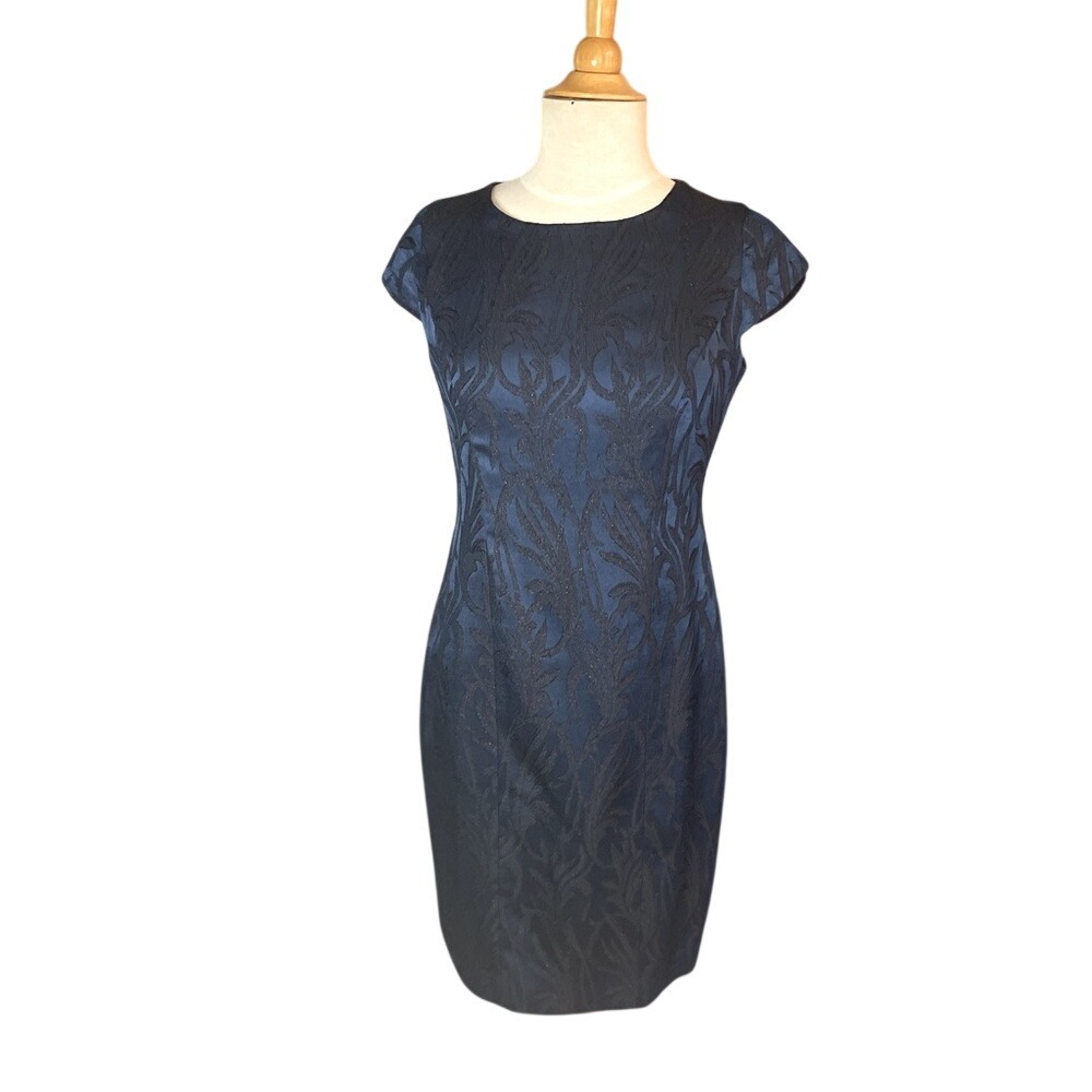 Navy Blue  J. Crew Sheath Dress Metallic Damask Cocktail Knee Length Sleeveless